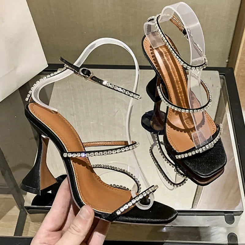 Women's Sandals  European and American Summer New High Heels Banquet Fashion Rhinestone Chain Open Toe Fine Heel Roman Sandals