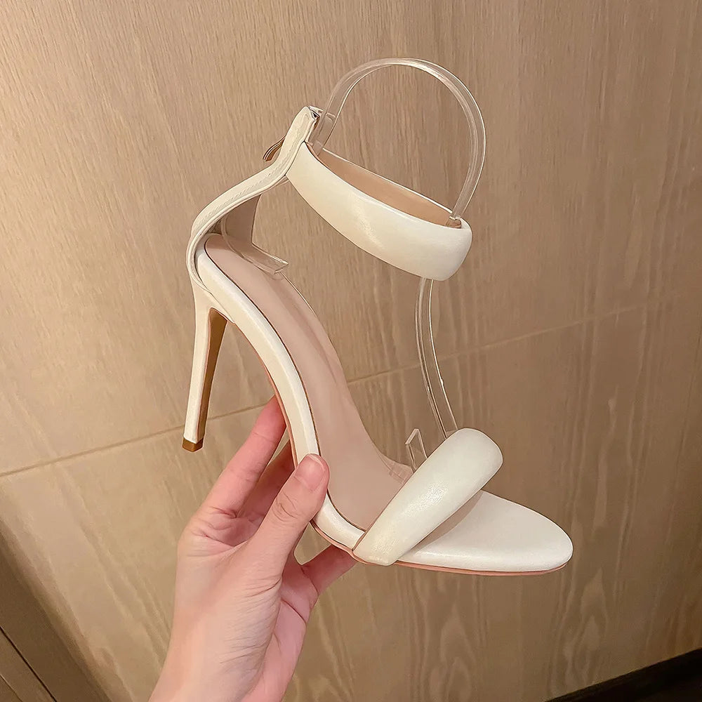 Sandals Women 2025 Concise Style One-strap Sandals for Girls Women Sexy Stiletto Heel Back Zip Cover Heels Summer Sandalias Gold