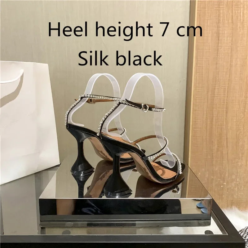 Women's Sandals  European and American Summer New High Heels Banquet Fashion Rhinestone Chain Open Toe Fine Heel Roman Sandals