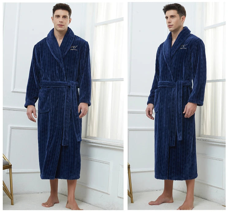 Plus Size 3XL 4XL Men Flannel Robe Winter Thickened Sleepwear Kimono Bathrobe Gown Warm Coral Fleece Loose Home Wear Nighwtear