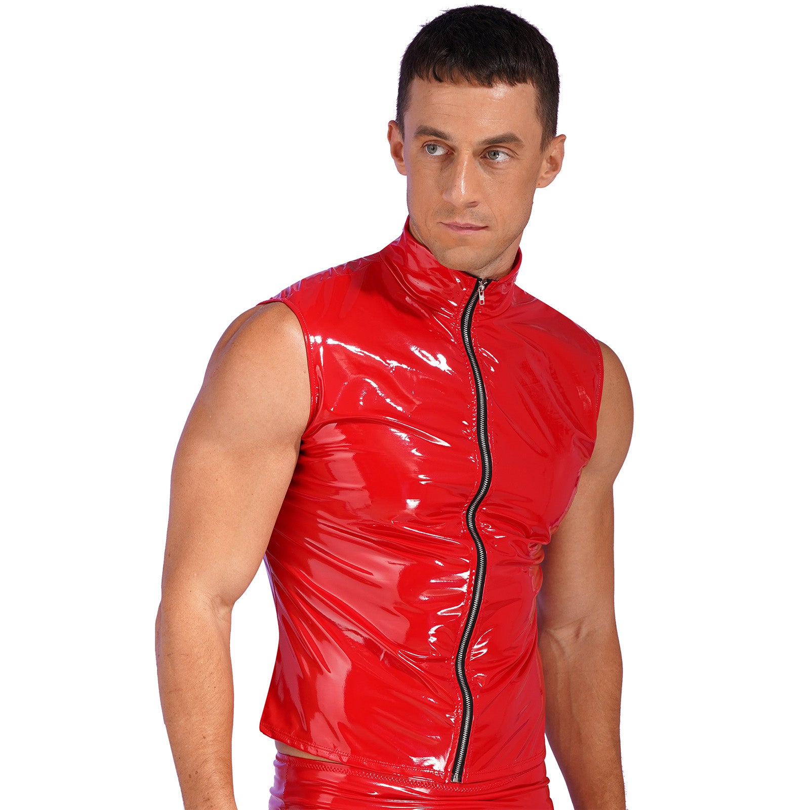 Mens Glossy Patent Leather Crop Tops Patent Leather Stand Collar Vest Top Clubwear Zipper Sleeveless Jacket Gothic Punk Clubwear