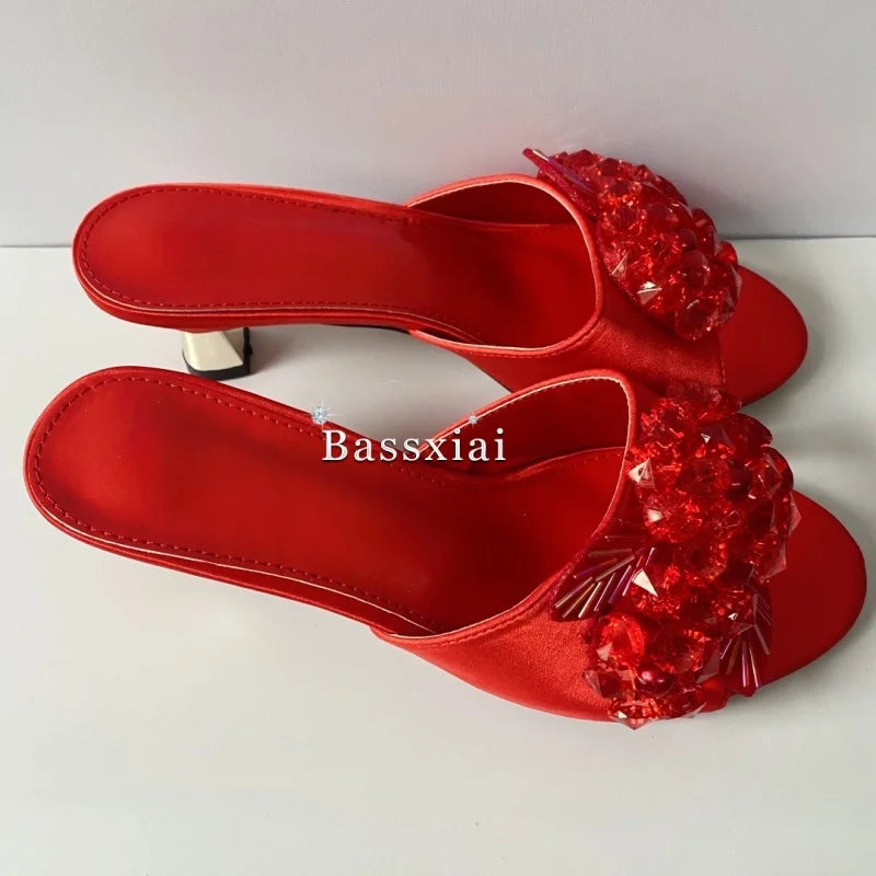 Red Silk Slingback Sandals with Unique Beaded Sequin Flower Design Strange Heel Summer Mules for Women