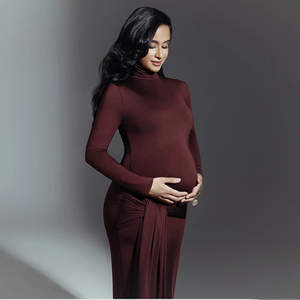 Maternity Photography Dresses High Neck Long Sleeved Fashionable Patchwork Strap High Elasticity Slim Fit Pregnant Women Dress