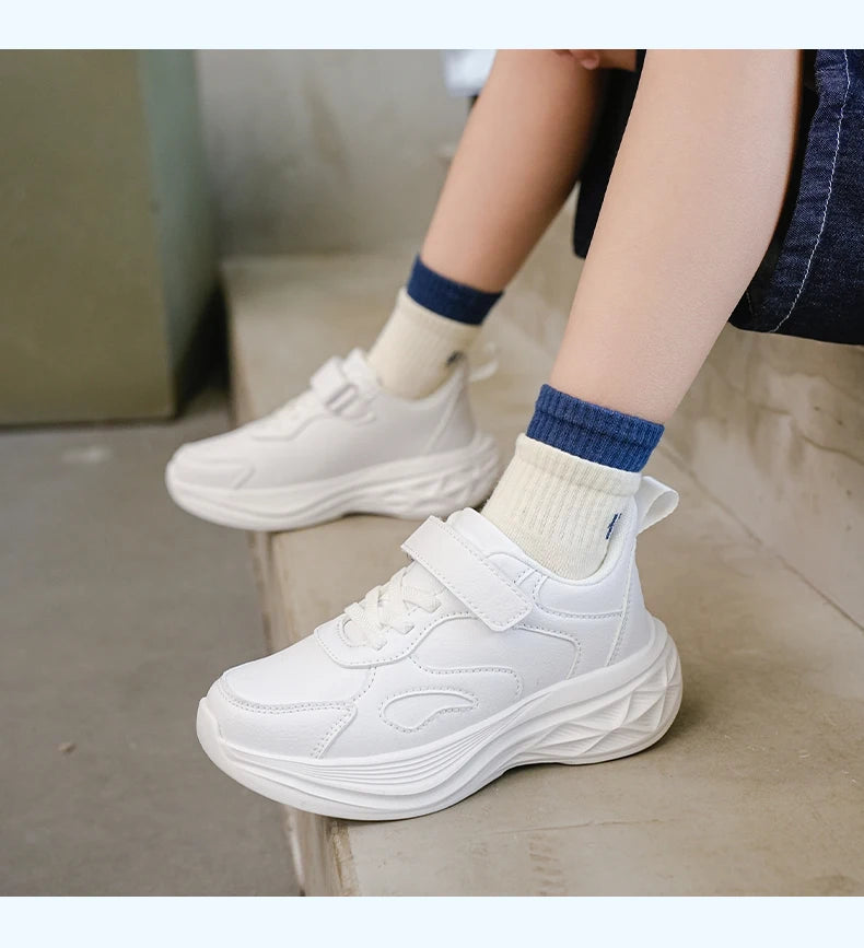 Kids White Leather Sneakers Lightweight Non-slip Casual Running Shoes for School Student Walking Outdoor Children Tennis