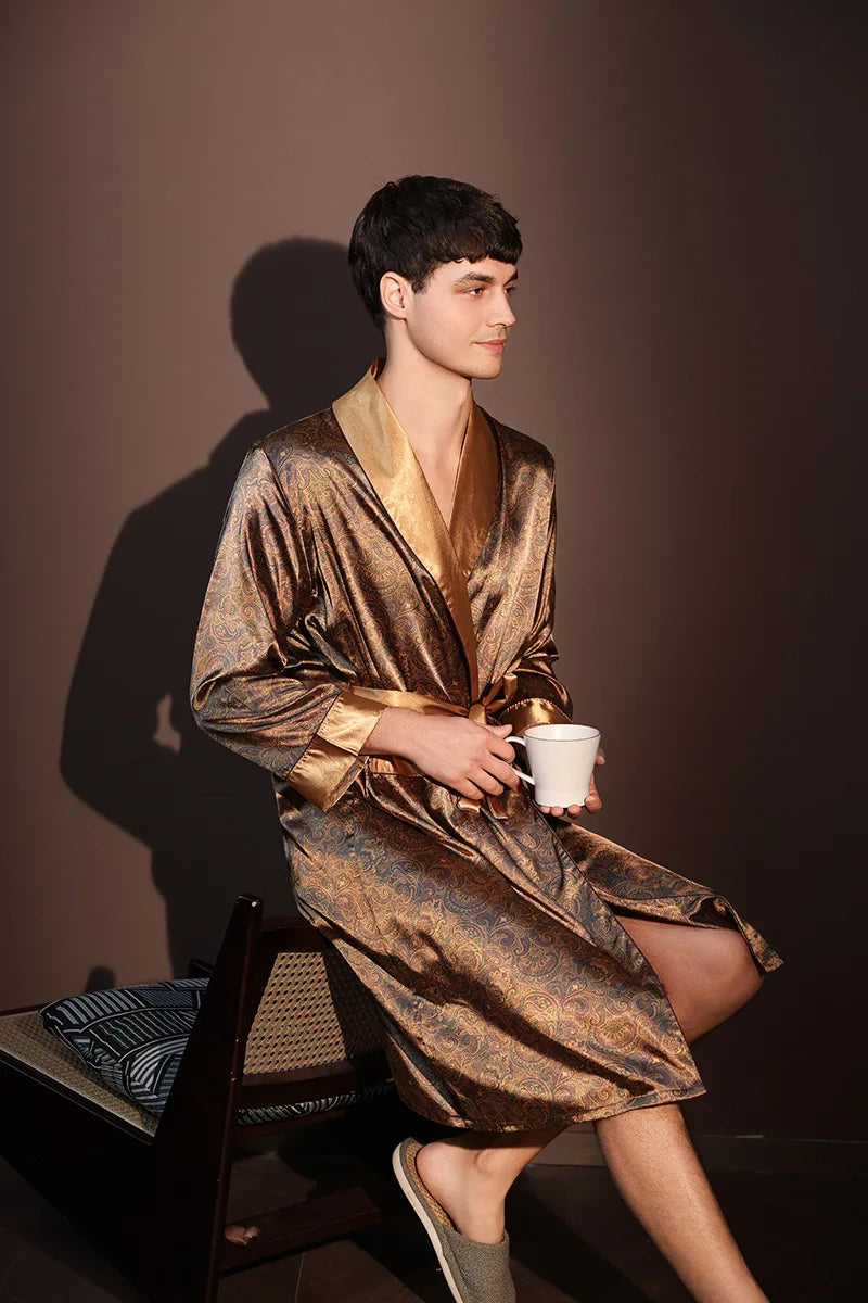 Pajama Men's Robe Kimono Gown Bathrobe with Pockets Print Sleepwear Home Clothing Spring Autumn Satin Nightwear Loose Loungewear