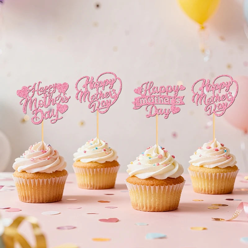 YOMDID 24Pcs Happy Mother's Day Cupcake Toppers Glitter Happy Mother's Day Heart Cake Toppers Cake Decorations for Mothers Day