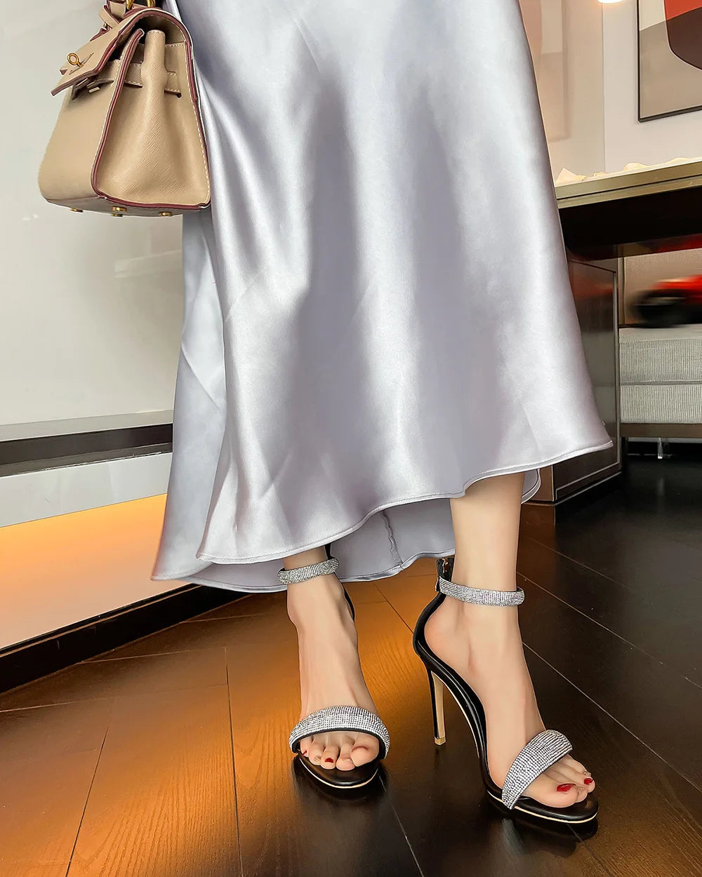 Sandals Women 2025 Concise Style One-strap Sandals for Girls Women Sexy Stiletto Heel Back Zip Cover Heels Summer Sandalias Gold