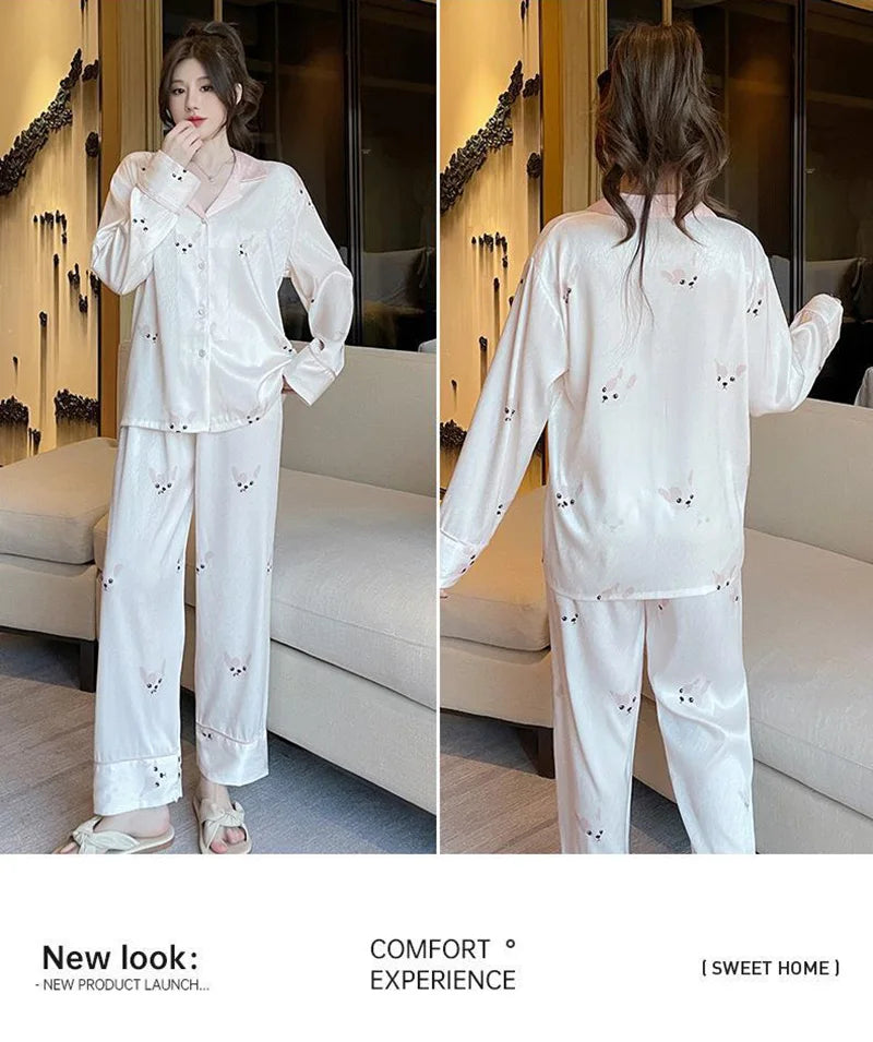 Maternity 2-Piece Set of Ice Silk Pajamas Comfortable Silk Long-Sleeved Trousers Herringbone Pattern Jacquard Silk Loungewear