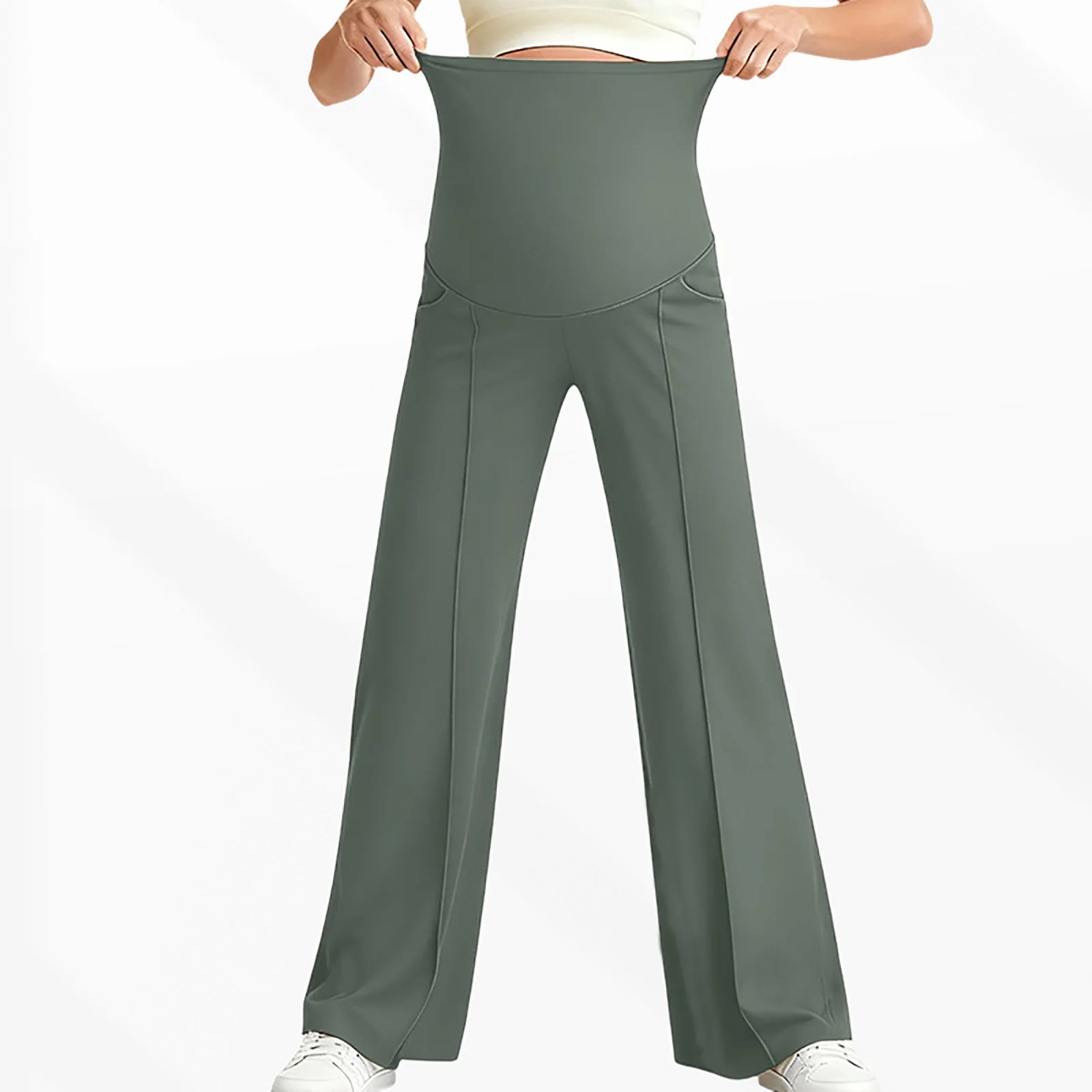 Maternity Pants Over The Belly Yoga Dress Elastic Waistband Stretchy Wide Leg Work Pregnancy Trousers with Pockets Sportswear