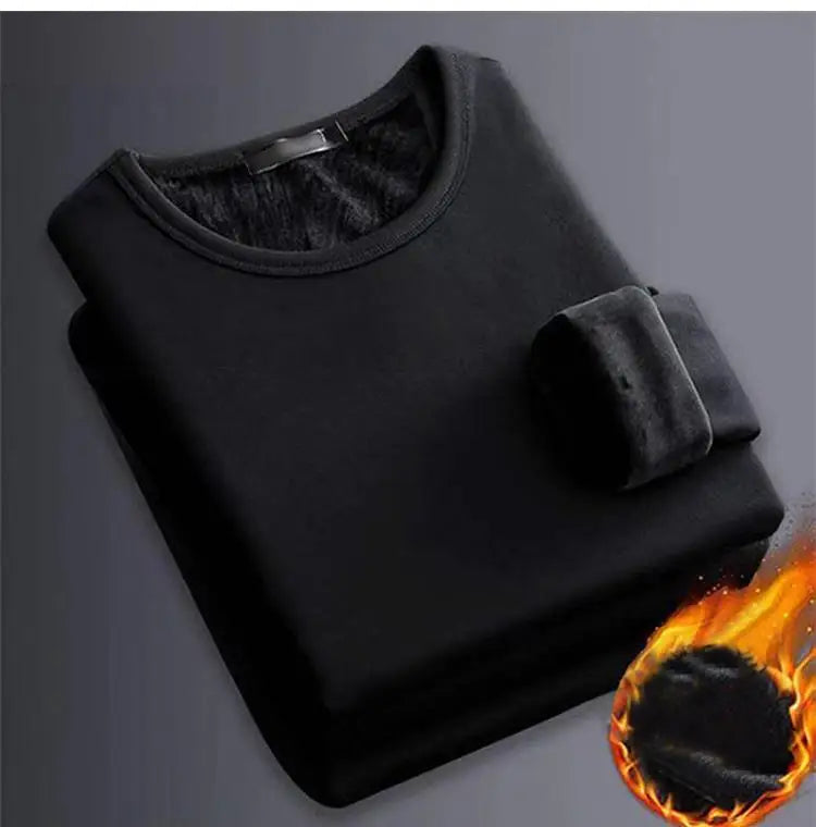 Epligg 1PCS Men's Long-sleeved Winter Thermal Underwear Plus Velvet Padded T-shirt Slim Solid Color O-Neck Bottoming Shirt