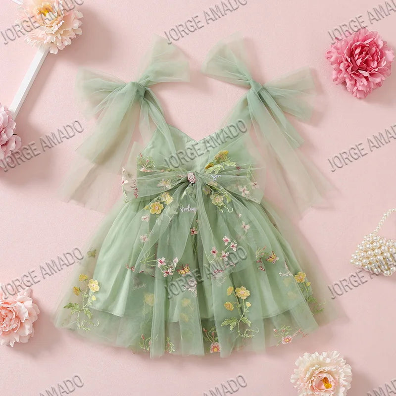2026 Easter Kids Dress Girl Summer Dress Floral Bow Sleeveless Dance Performance Dress Girls Clothes E1236