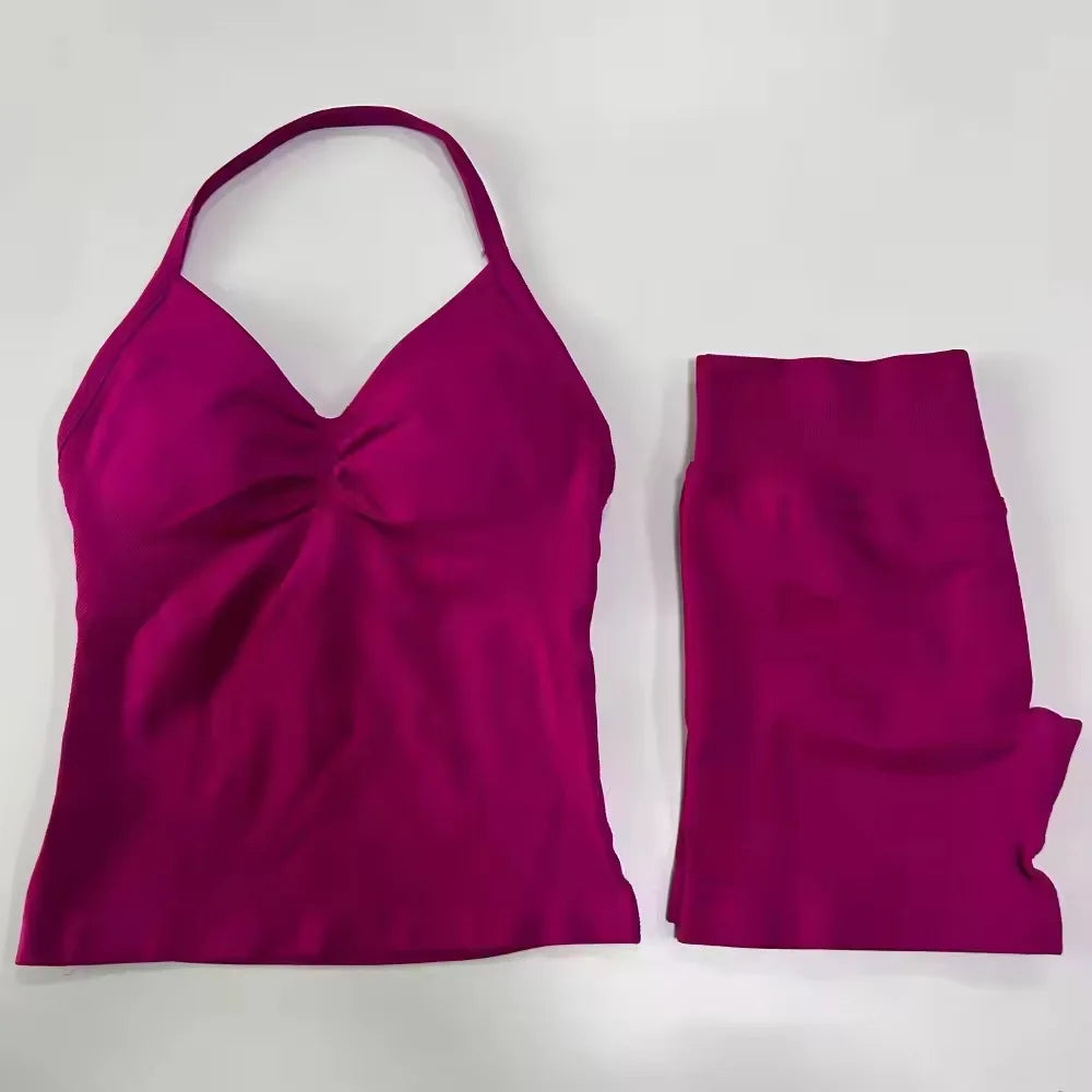 Workout Set 2 Pieces Sports Set Women Backless Tank Tops High Waist Scrunch Seamless Shorts Sport Suit Gym Set Sportswear