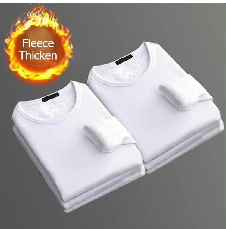 Epligg 1PCS Men's Long-sleeved Winter Thermal Underwear Plus Velvet Padded T-shirt Slim Solid Color O-Neck Bottoming Shirt