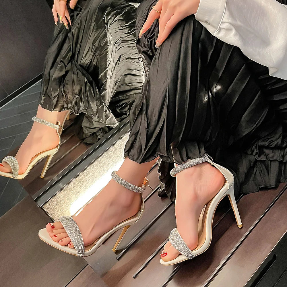 Sandals Women 2025 Concise Style One-strap Sandals for Girls Women Sexy Stiletto Heel Back Zip Cover Heels Summer Sandalias Gold