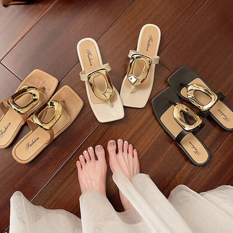 Women Sandals Summer Fashion Beach Slippers Open Toe Metal Casual Shoes Female Outdoor Wear Square Head Ladies Shoes