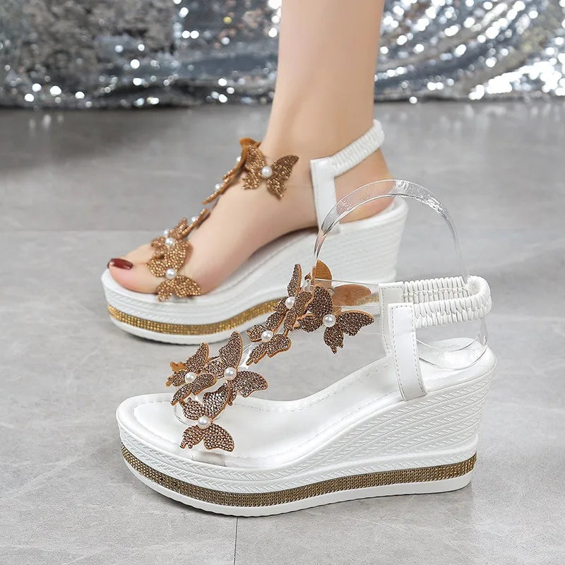 2025 new wedge sandals butterfly pearl decoration word with diamond