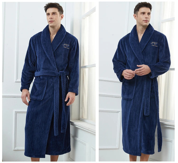 Plus Size 3XL 4XL Men Flannel Robe Winter Thickened Sleepwear Kimono Bathrobe Gown Warm Coral Fleece Loose Home Wear Nighwtear