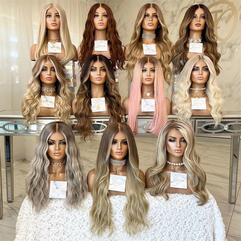 Wig female Synthetic Hair Brown Blonde Highlights Short Bob Shoulder Wigs 13x4 Glueless High Quality Full Enough miku cosplay