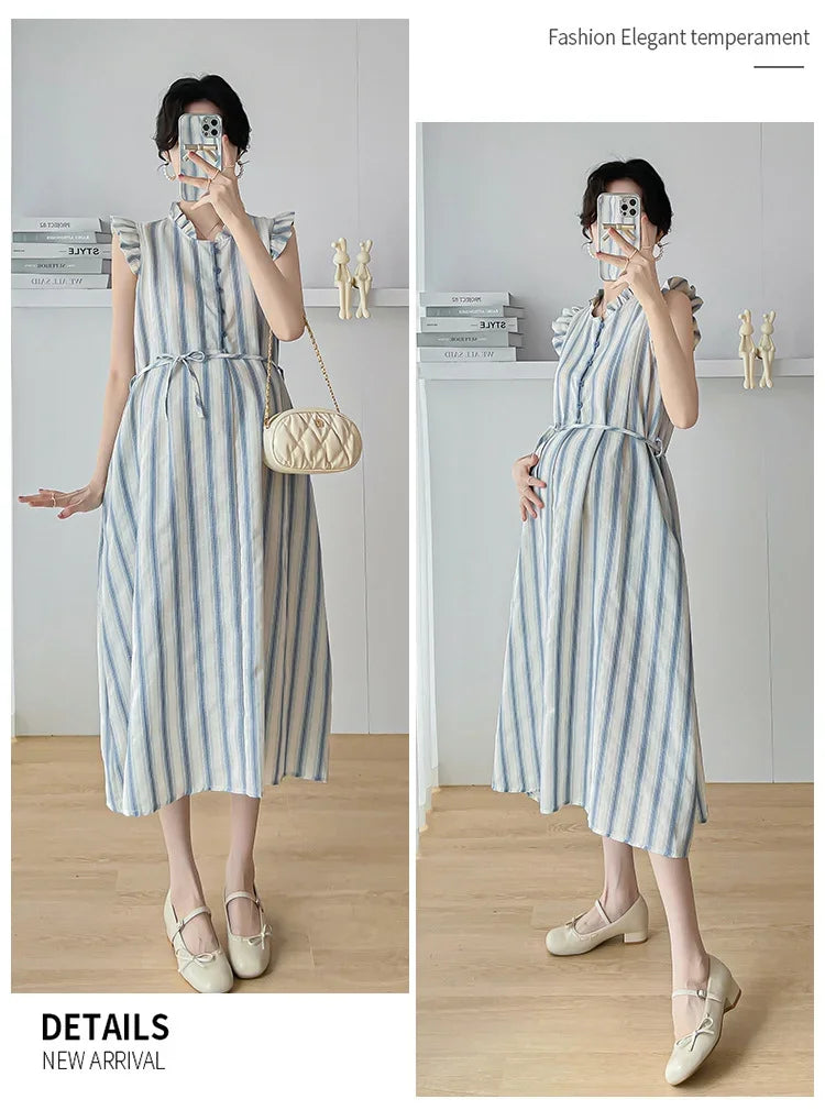 Maternity Clothes Spring Autumn Pregnancy Dresses Pregnant Women Lantern Sleeve High Waist V Neck  Clothing