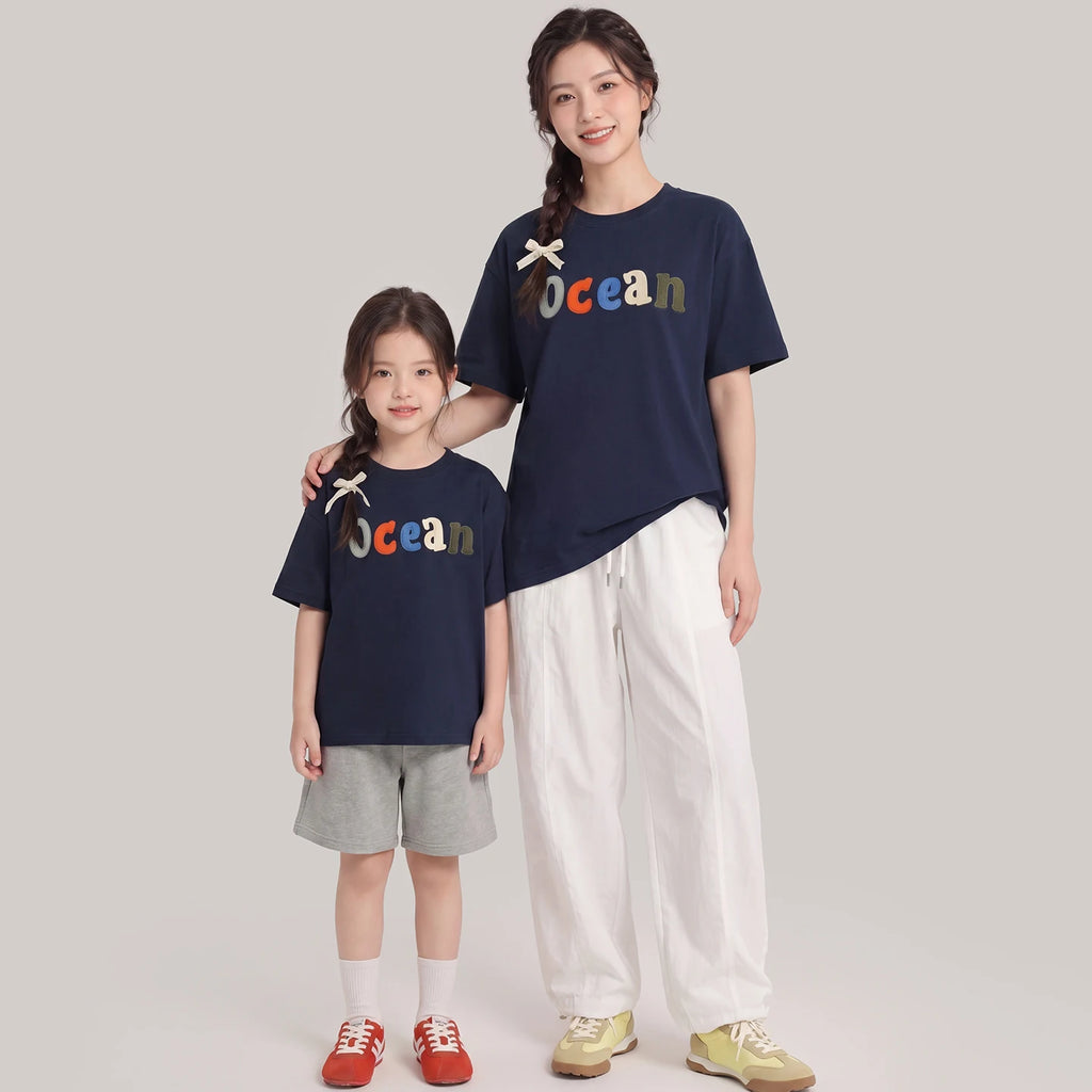 Summer Children's Short Sleeve T-Shirts Family Matching Sets Casual Loose Applique Mother-Daughter Mother-Son Boy And Girl Cloth