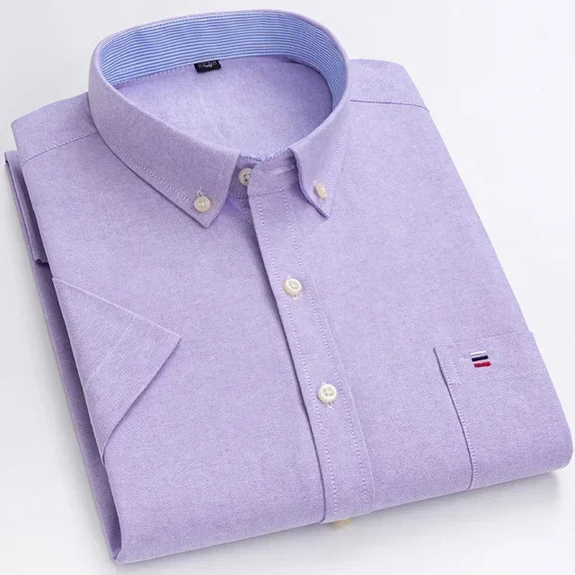2026 100% Pure Cotton Men's Oxford Short Sleeve Square Collar Soild Plaid Striped Summer Casual Shirts Single Pocket  Shirt