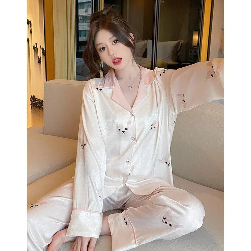 Maternity 2-Piece Set of Ice Silk Pajamas Comfortable Silk Long-Sleeved Trousers Herringbone Pattern Jacquard Silk Loungewear