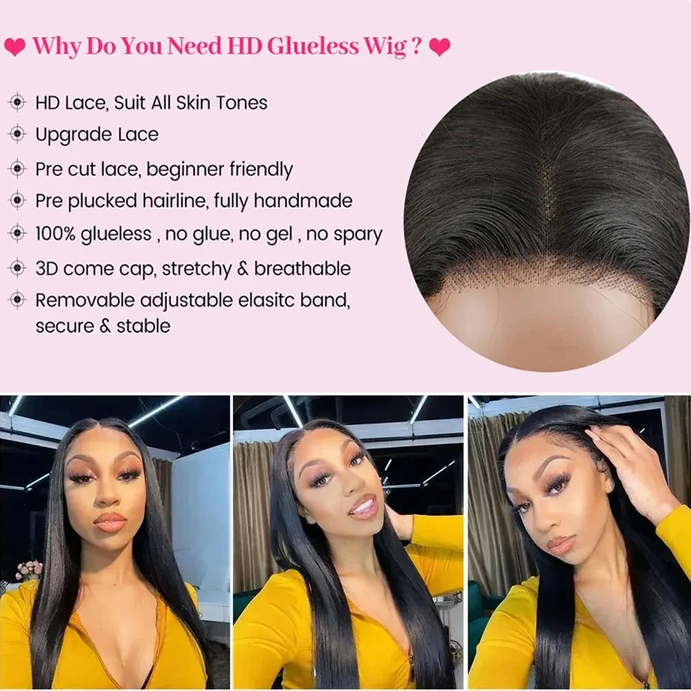 Glueless Wigs Virgin Human Hair Ready To Wear Pre Plucked Pre Cut No Glue 6X4 Bone Straight 100% Human Hair Lace Wigs for Women