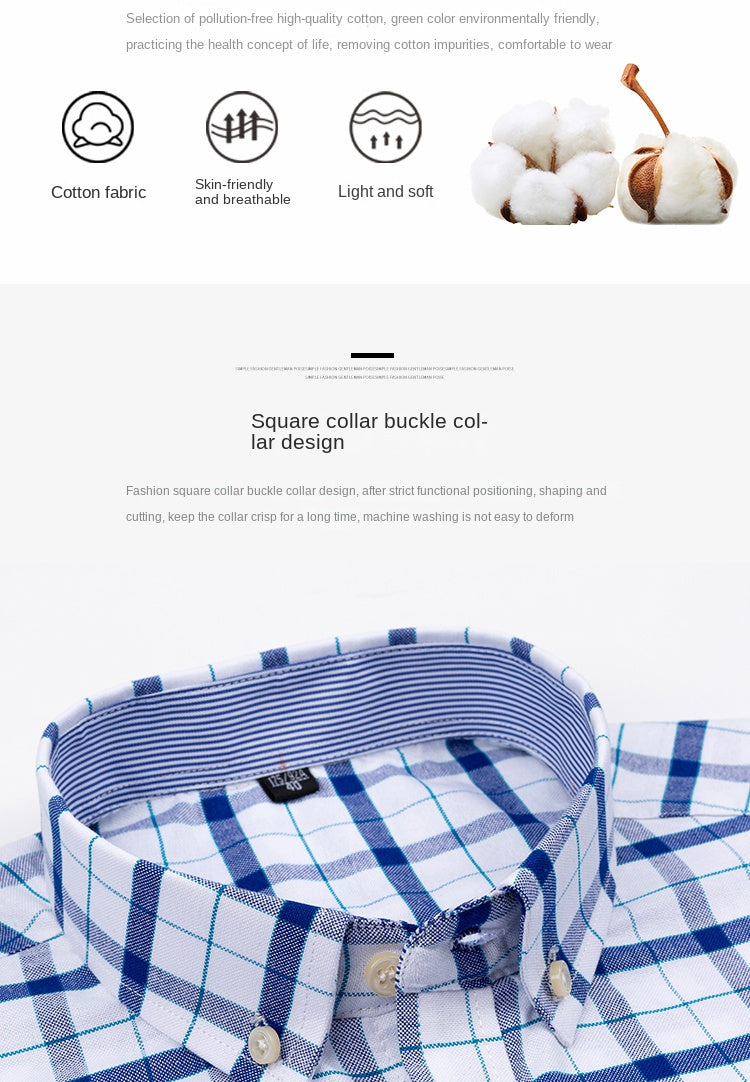 2026 100% Pure Cotton Men's Oxford Short Sleeve Square Collar Soild Plaid Striped Summer Casual Shirts Single Pocket  Shirt