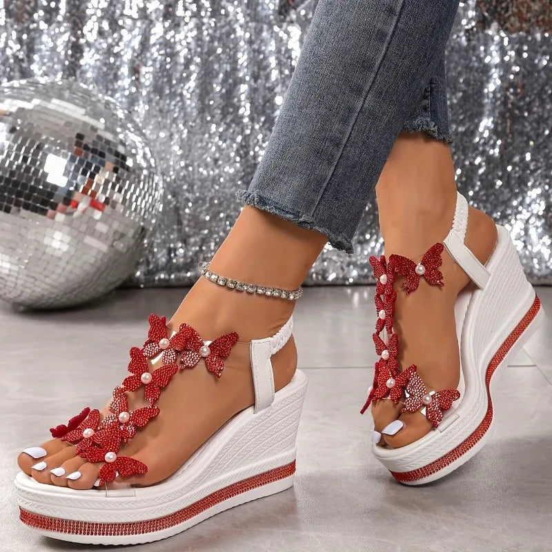 2025 new wedge sandals butterfly pearl decoration word with diamond