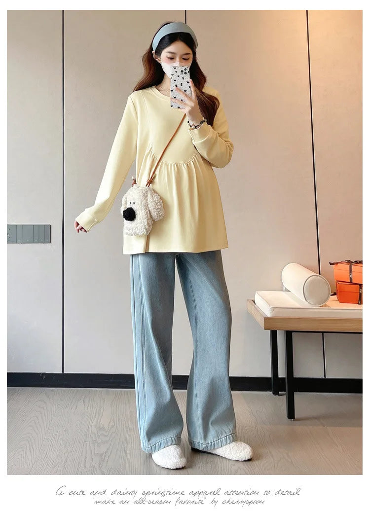 Maternity Sweatshirt Spring Autumn Simple Casual Cute Loose Slim Comfortable Round Neck Long Sleeve Sweatshirt For Pregnancy