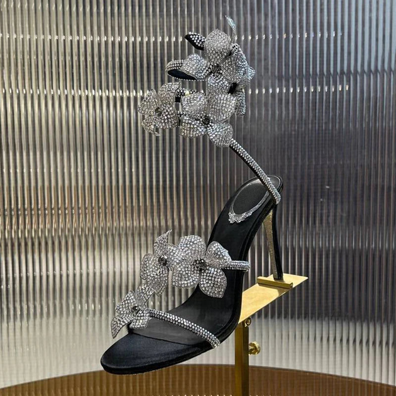 Sandalias Women Rhinestone Flower Decor Dress Shoes Snake Shaped Elastic Strap Thin High Heels Sandals Summer Bridesmaid Shoes