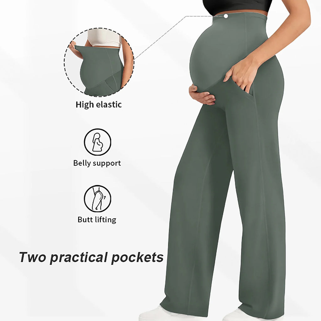 Maternity Pants Over The Belly Yoga Dress Elastic Waistband Stretchy Wide Leg Work Pregnancy Trousers with Pockets Sportswear