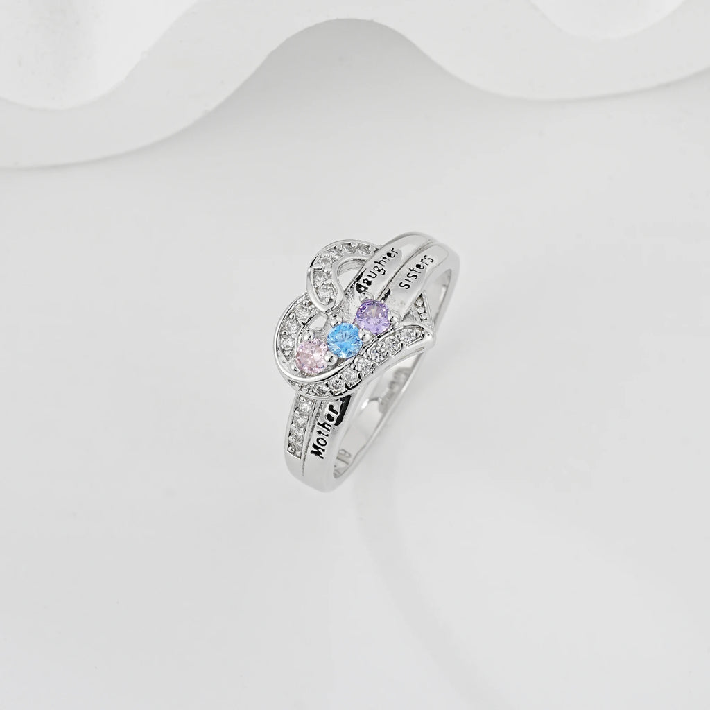 Mother Daughter Sisters Heart Ring, 925 Silver Plated with 3 Colorful Zircon Stones, Engraved Family Love Jewelry Gift for Women