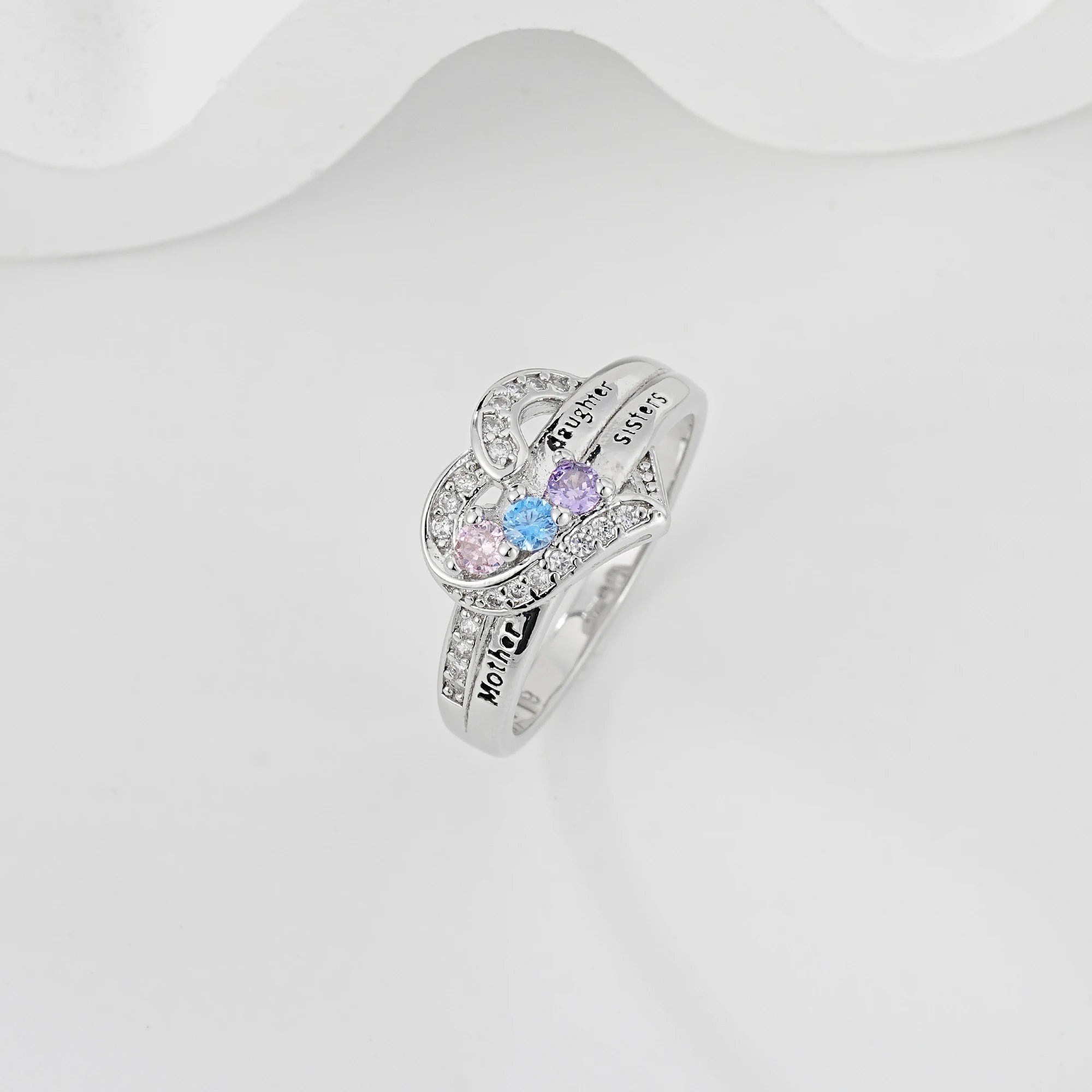 Mother Daughter Sisters Heart Ring, 925 Silver Plated with 3 Colorful Zircon Stones, Engraved Family Love Jewelry Gift for Women
