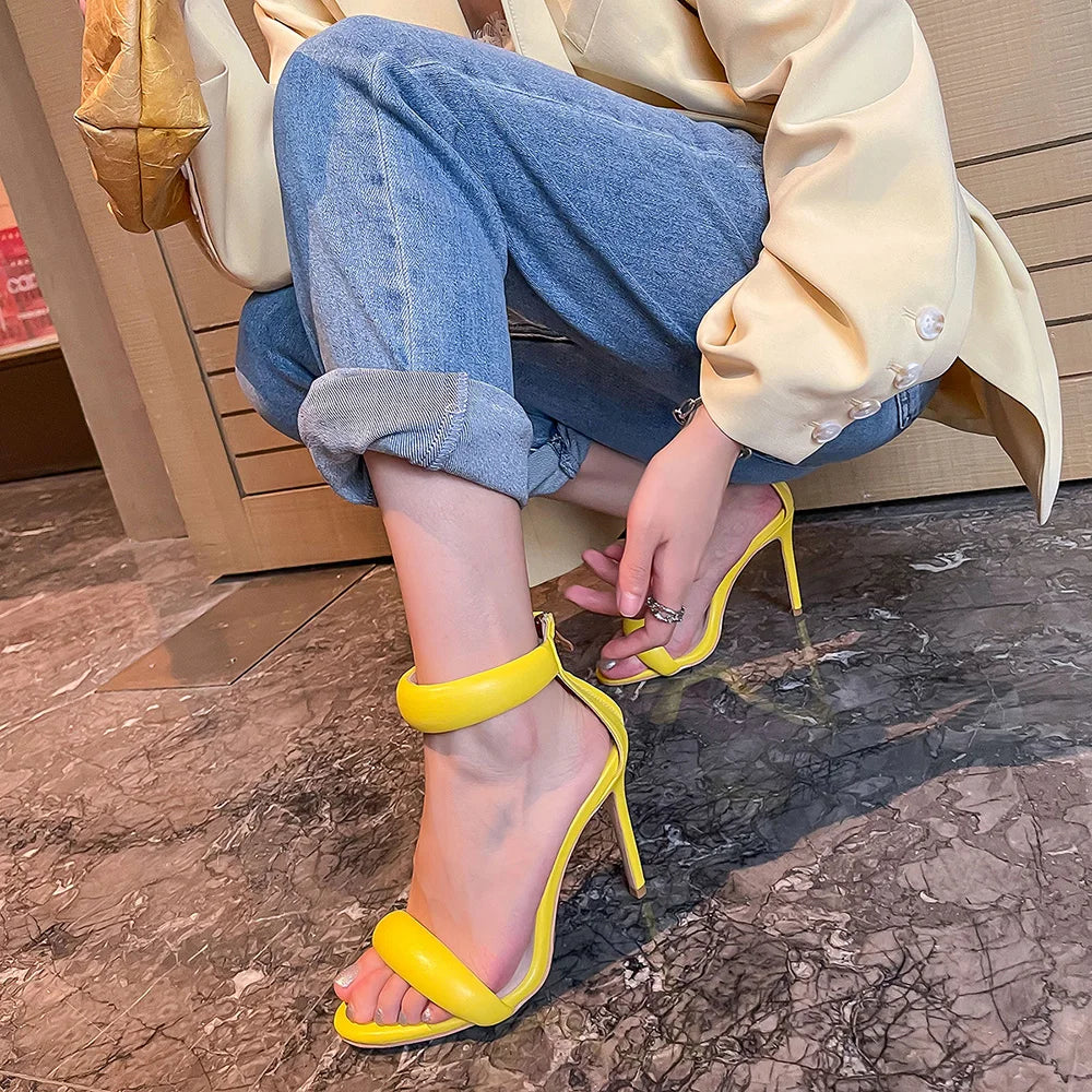 Sandals Women 2025 Concise Style One-strap Sandals for Girls Women Sexy Stiletto Heel Back Zip Cover Heels Summer Sandalias Gold