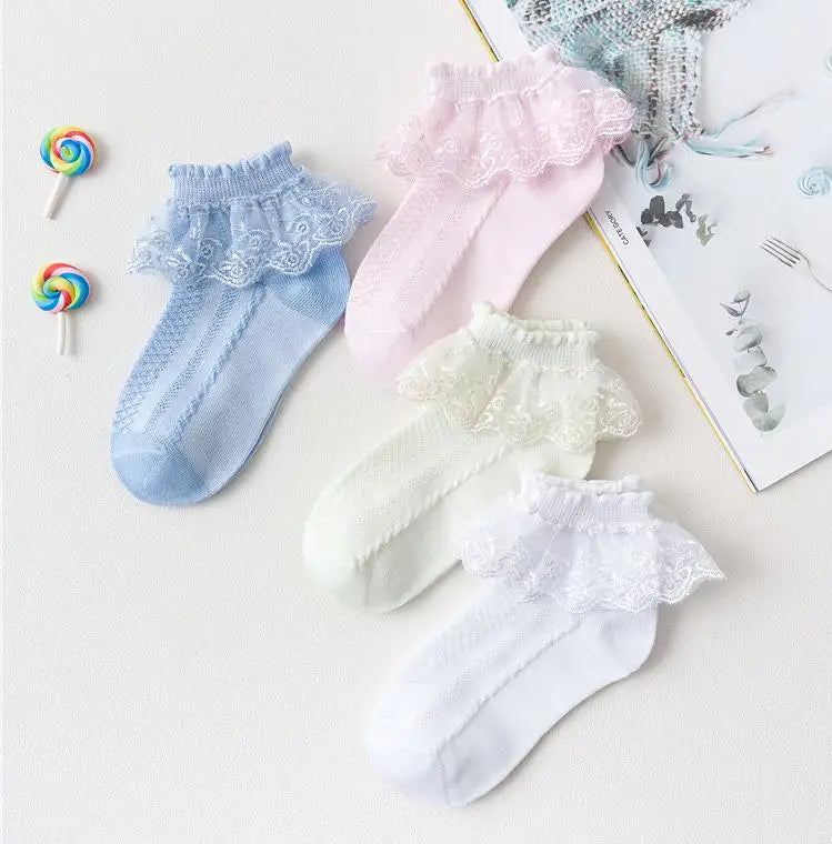 4Pairs Baby Girls Lace Socks Spring Summer Ruffle Princess Mesh Children Ankle Short Breathable Cotton Toddler Kids Socken 1-6Y
