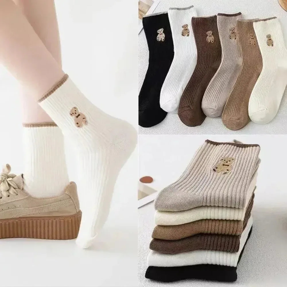 5pairs Cartoon Bear Socks Soft Cotton Socks Autumn Coffee Stockings Kawaii Women Socks Korean Casual Stockings Women Hosiery