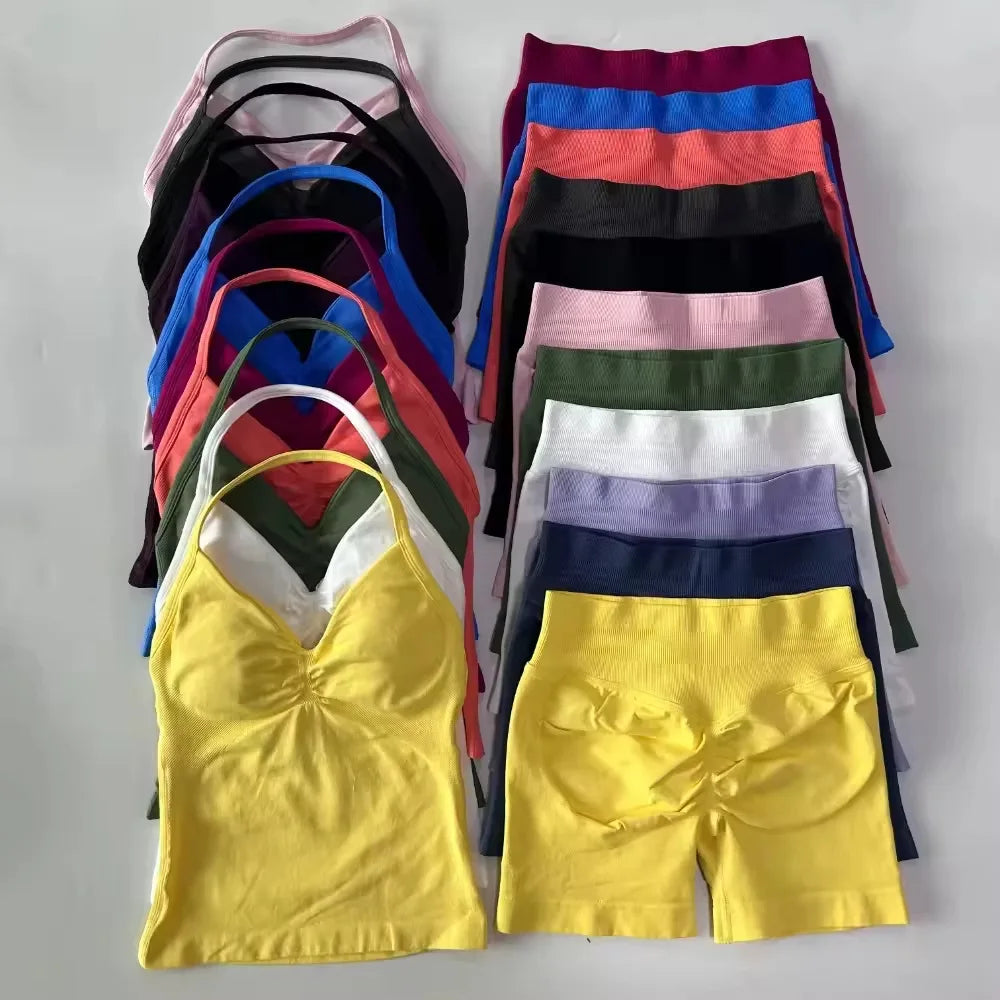 Workout Set 2 Pieces Sports Set Women Backless Tank Tops High Waist Scrunch Seamless Shorts Sport Suit Gym Set Sportswear