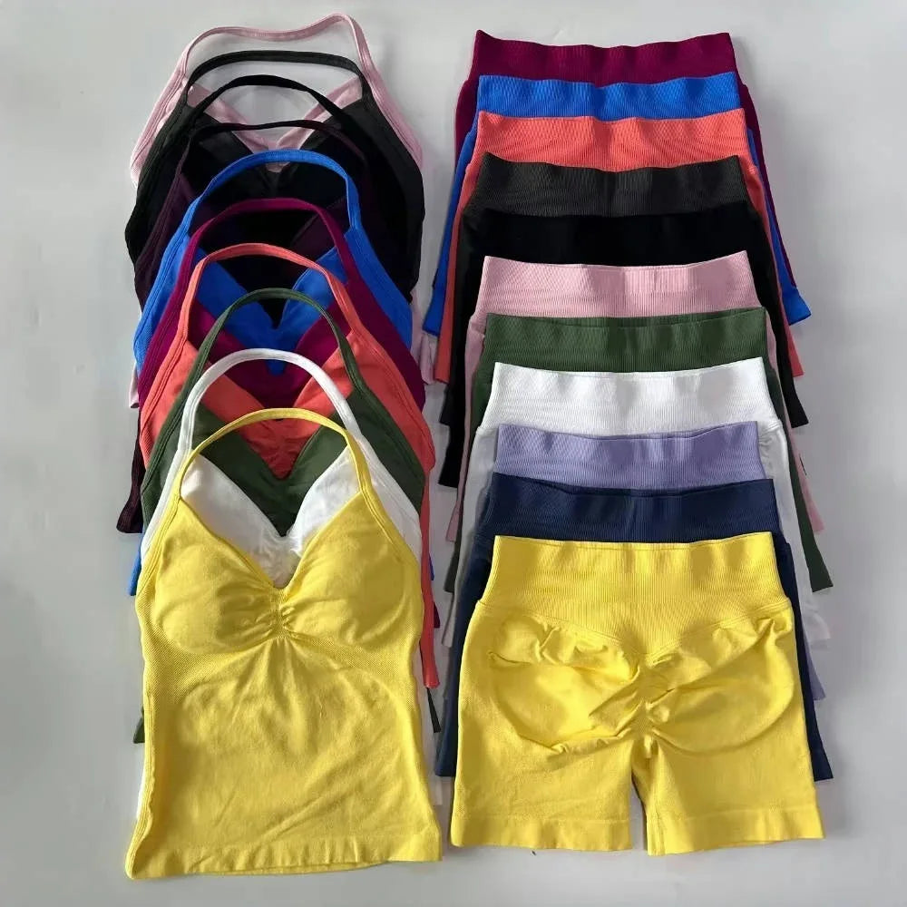 Workout Set 2 Pieces Sports Set Women Backless Tank Tops High Waist Scrunch Seamless Shorts Sport Suit Gym Set Sportswear