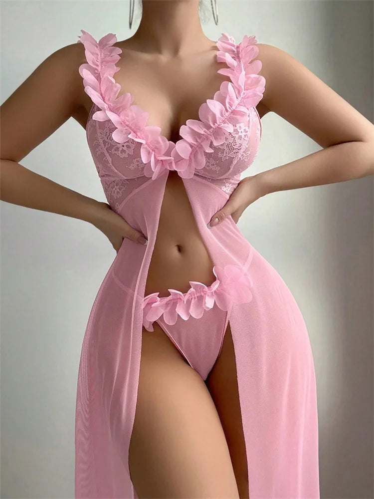 Sexy Women Nightgowns Pink Floral Sleepwear Summer Slip Night Dress Deep-V Lace Sleep Dress Mesh See Through Baby Doll Nightie