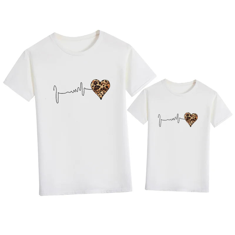 Leopard Heart Family T-shirt Mom Daughter Short Sleeve Tops Parent Child Set Mother Girl Summer Tees