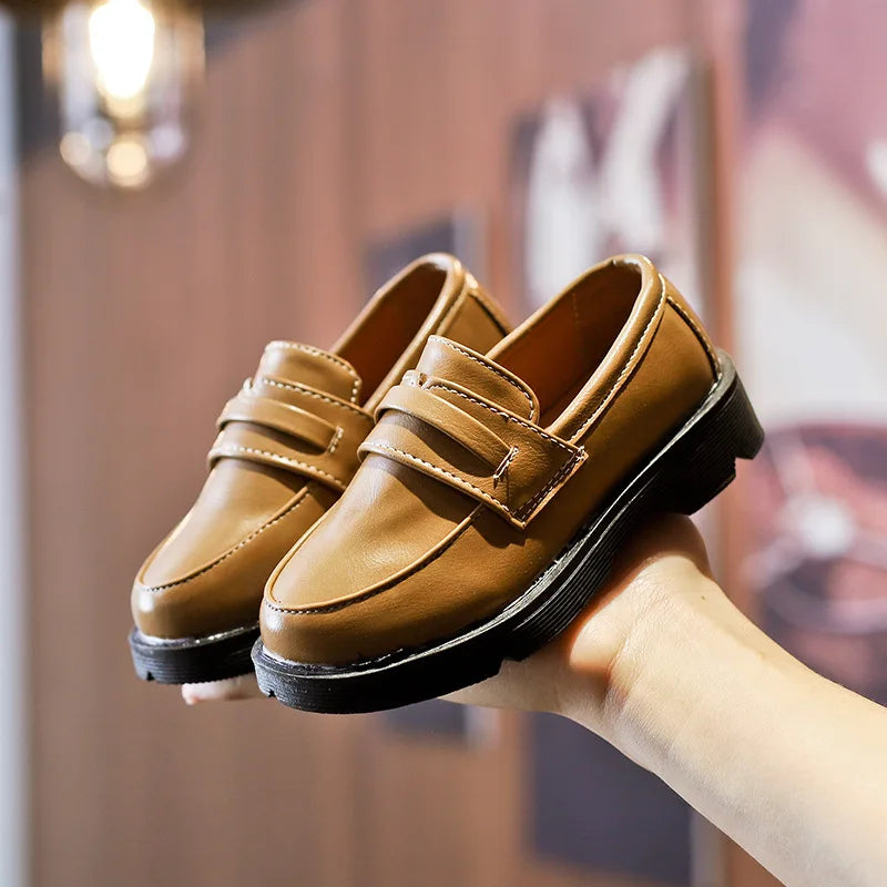 2025Kids Loafers Slip-on Pu Leather Shallow Black Brown Boys Girls Flat Shoes 21-36 Toddler Fashion Leisure Children Casual Shoe