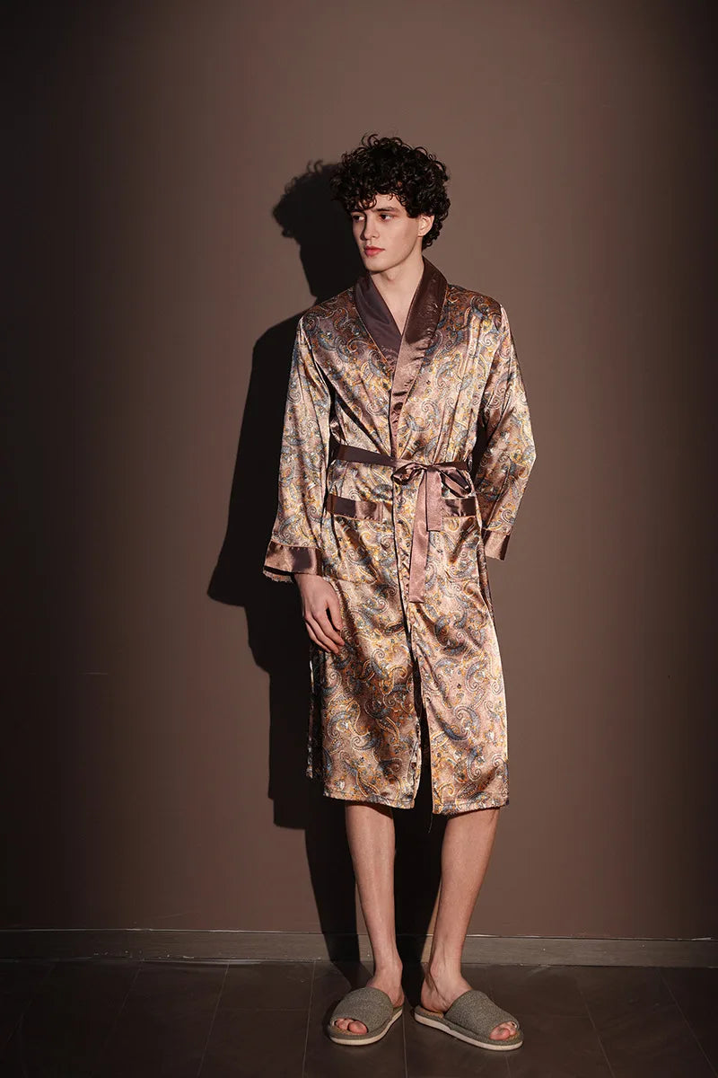 Pajama Men's Robe Kimono Gown Bathrobe with Pockets Print Sleepwear Home Clothing Spring Autumn Satin Nightwear Loose Loungewear
