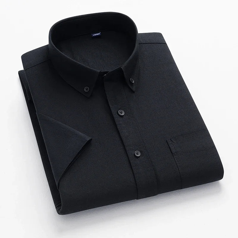 2026 100% Pure Cotton Men's Oxford Short Sleeve Square Collar Soild Plaid Striped Summer Casual Shirts Single Pocket  Shirt