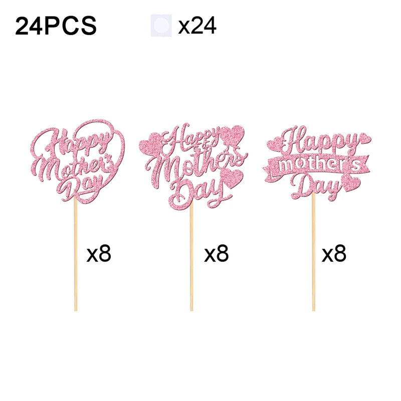 YOMDID 24Pcs Happy Mother's Day Cupcake Toppers Glitter Happy Mother's Day Heart Cake Toppers Cake Decorations for Mothers Day
