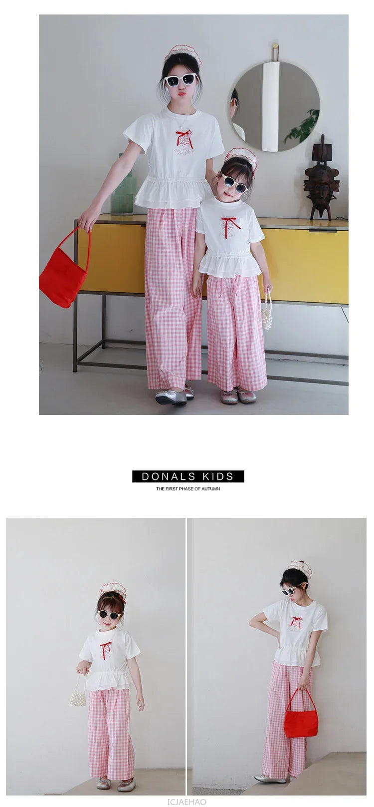 2025 Mother Daughter Matching Outfits Pink White Checkered Pants Tshirt Set Summer Casual Family Clothes Vacation Suits Mom