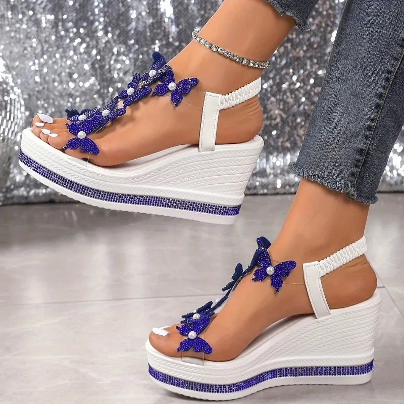 2025 new wedge sandals butterfly pearl decoration word with diamond