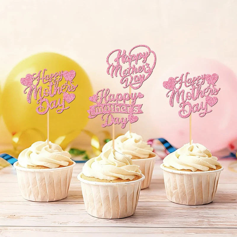 YOMDID 24Pcs Happy Mother's Day Cupcake Toppers Glitter Happy Mother's Day Heart Cake Toppers Cake Decorations for Mothers Day