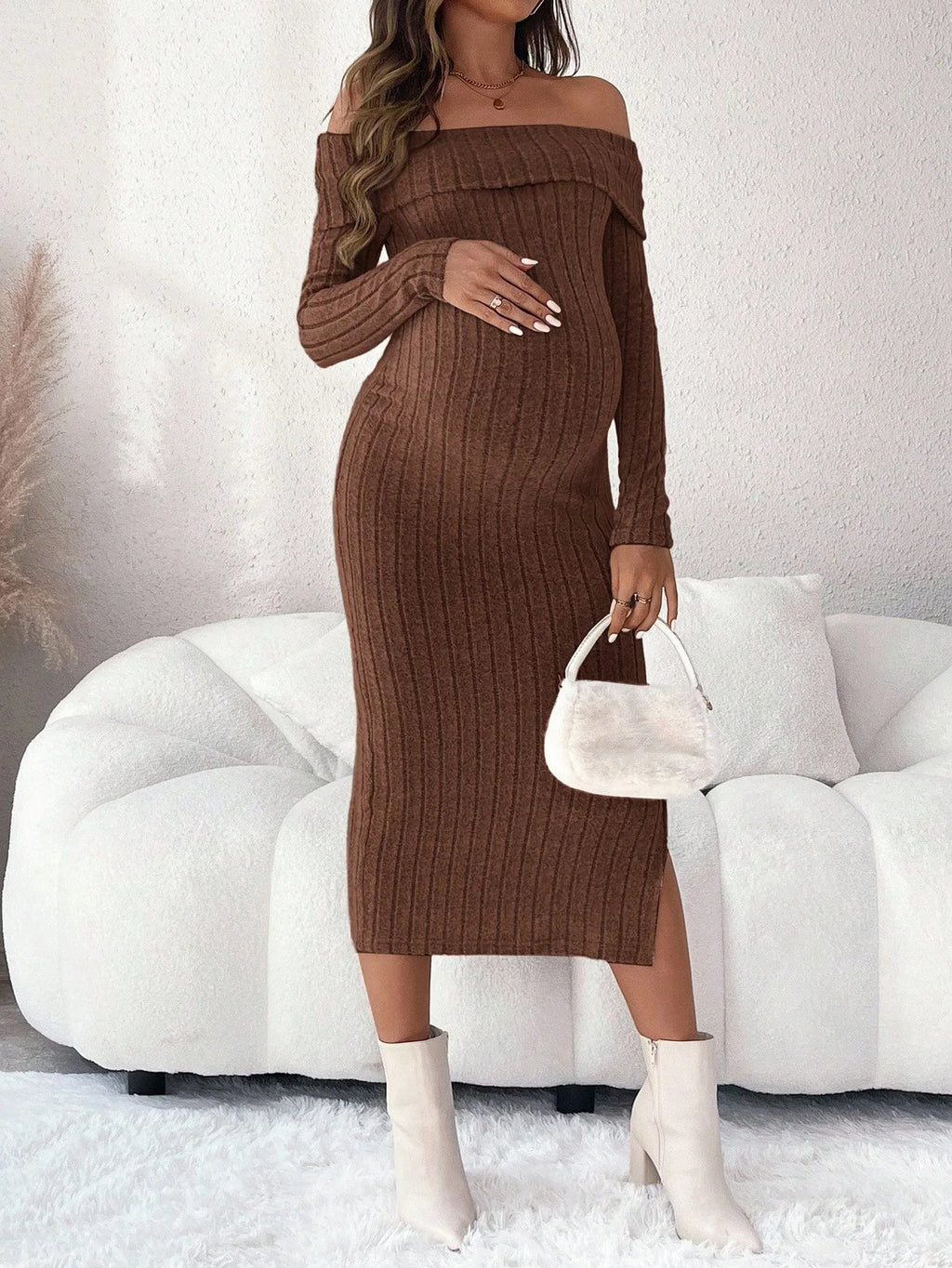 Maternity Pregnant Women Solid Knitted Dress Off Shoulder Slim Fit Long Sleeve Bodycon Dresses Spring Casual Pregnancy Clothing