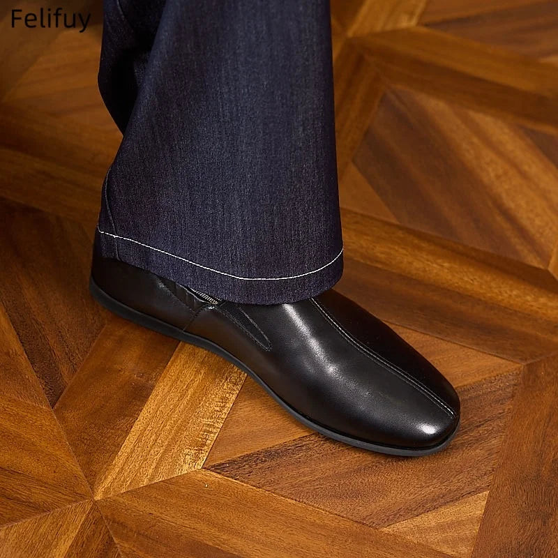 Black Casual Low-Heel Men's Genuine Leather Flat Shoes Korean Style Slip-On Loafers Fashionable Black Business Shoes round Toe